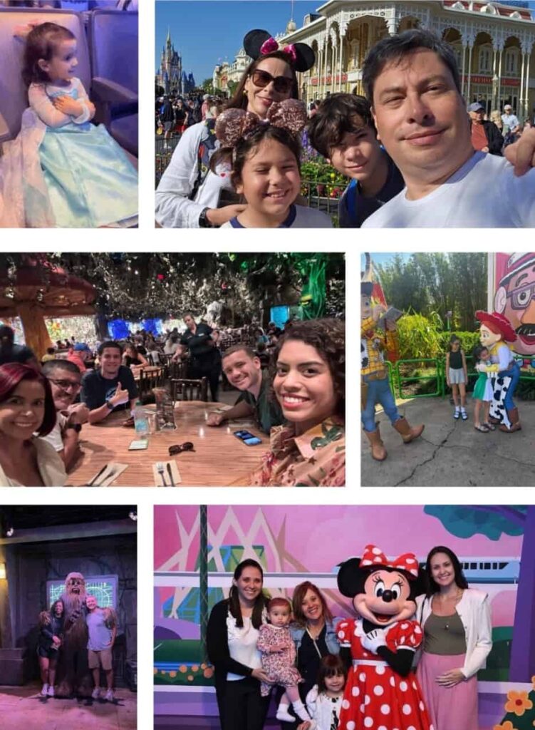 Menininha fantasiada de Elsa do Frozen, família posando para selfie em frente a main street usa, no Magic Kingdom, família grande, na mesa do restaurante, crianças abrançando os personganes Woody e Jessie, casal com Chewbacca, família posando com a Minnie, todos clientes de guiamento virtual, TripsByBibs