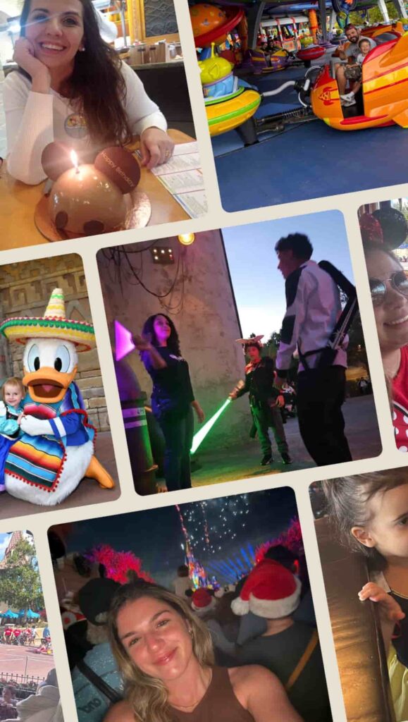 Mulher posa com bolo do Mickey, adolescentes brincam com sabres de luz, homem e seu filho na atração dos aliens no hollywood studios, mulher emocionado com fogos do castelo do magic kingdom ao fundo, todos clientes do guiamento virtual, TripsByBibs