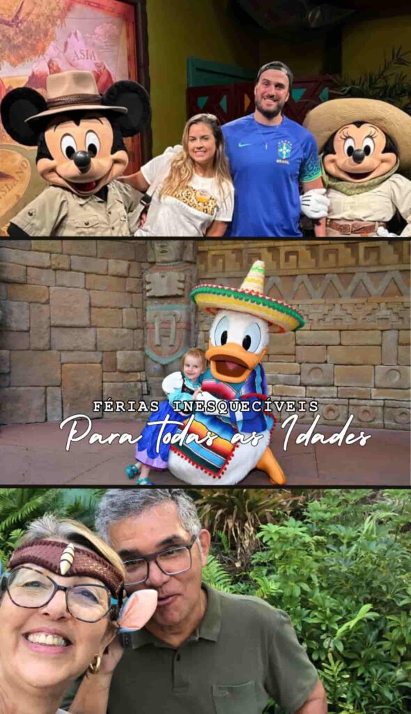 casal posando com Mickey e Minnie Mouse, Menininha abraçando o Donald, casal de senhores com tema de avatar, clientes do guiamento remoto, TripsByBibs