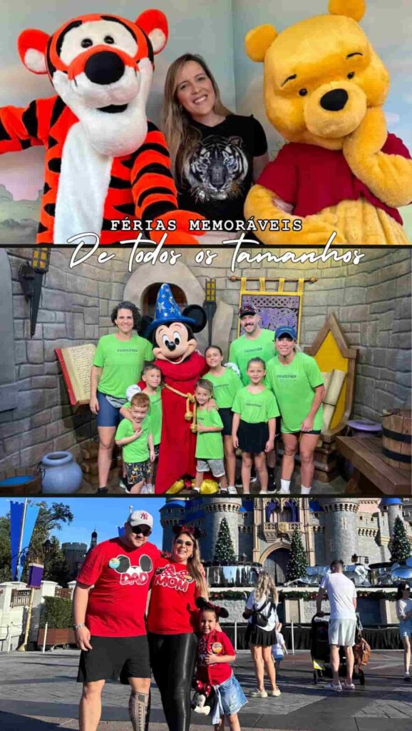 Mulher com Ursinho Pooh e Tigrão, Mickey feiticeiro com grupo de família grande com várias crianças, casal e criança em frente ao castelo da Cinderela no Magic Kingdom, todos clientes de guiamento virtual, TripsByBibs