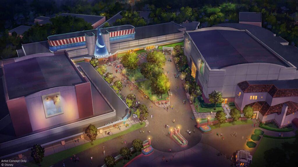 Arte conceitual de como ficará a nova reformulação da área onde hoje tem o Star Wars Launch Bay, e será substituida por uma área mais imersiva com desenhos ganhando vida e interagindo com os visitantes. É possível ver muitas árvores e um novo chapéu do Mickey Feiticeiro na entrada