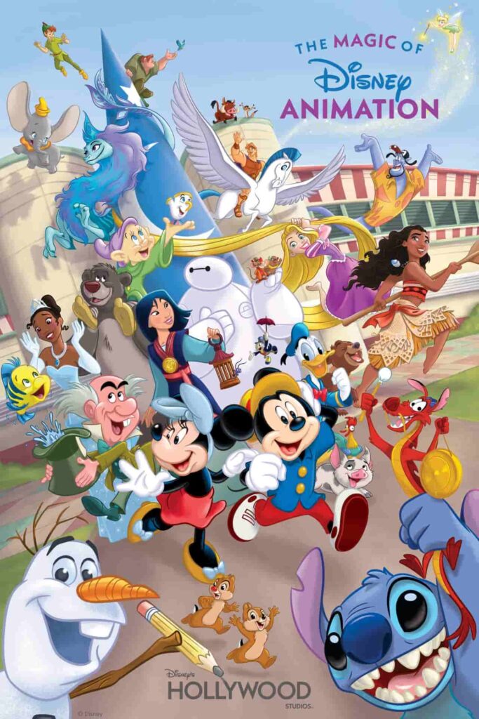 Cartaz com conceito artístico de como será nova reformulação da área Animation Courtyard do Hollywood Studios, onde hoje é a Star Wars Launch Bay, mostrando que agora, essa área será inspirada no curta da Disney Once Upon a Studio, com os personagens criando vida. É possível ver: Mickey Mouse, Minnie Mouse, Stitch, Mushu, Olaf, Linguado, Chapeleiro Maluco, Baymax, Moana, Tiana, Mulan, Baloo, Hércules e muitos outros