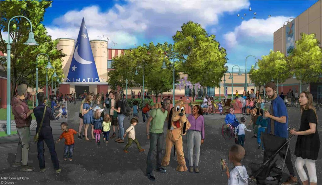 Desenho de arte conceitual, que mostra como ficará a área Animation Courtyard no Hollywood Studios, após a nova reformulação que começará a ser feita em 2025, com um novo chapéu do Mickey Feiticeiro, árvores e até personagens como o Pluto, andando e tirando fotos com os visitantes