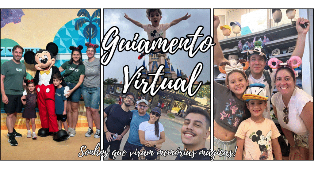 familia encontrando o Mickey Mouse, menino no alto de braços abertos, sendo jogado pra cima, em frente ao castelo da Cinderela, homem tira selfie com restante da familia, e familia posando com chapeus divertidos da Walt Disney World Resort, todos clientes do guiamento virtual TripsByBibs