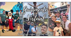 familia encontrando o Mickey Mouse, menino no alto de braços abertos, sendo jogado pra cima, em frente ao castelo da Cinderela, homem tira selfie com restante da familia, e familia posando com chapeus divertidos da Walt Disney World Resort, todos clientes do guiamento virtual TripsByBibs