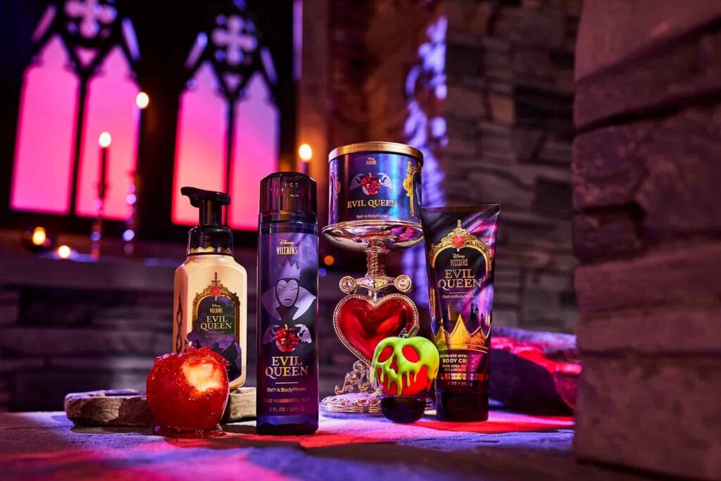 Imagem ilustrativa dos produtos da Bath & Body Works da Bruxa Má da Branca de Neve, de sua coleção Vilões Disney