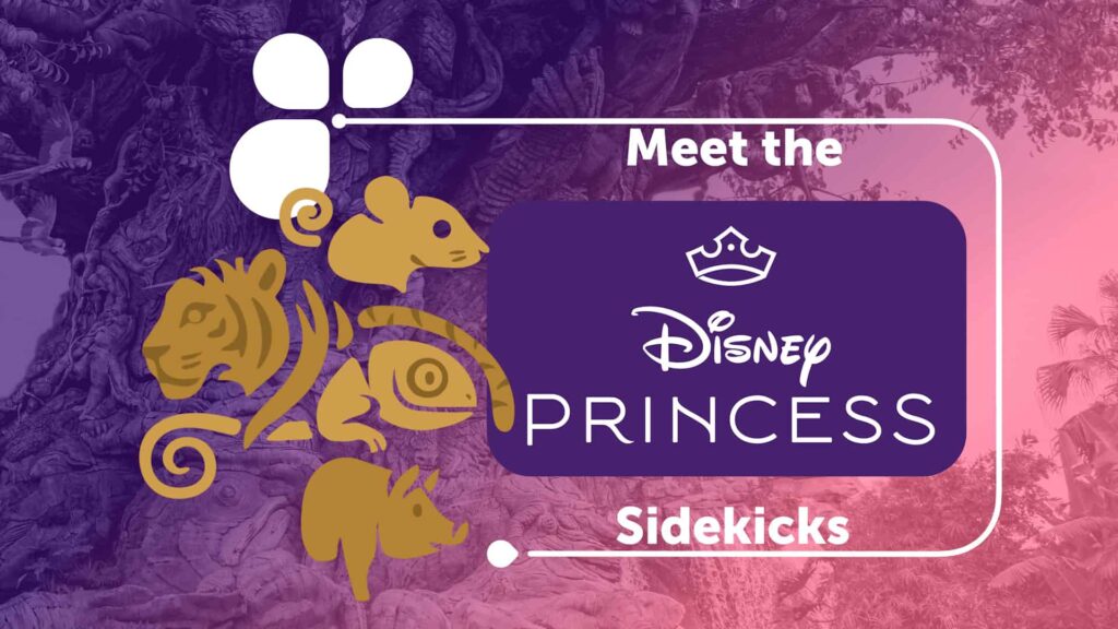 imagem promocional que mostra alguns animais como camaleão, porquinho e tigre, fazendo alusão aos animais que acompanham as princesas para promover encontros com esses personagens nos parques
