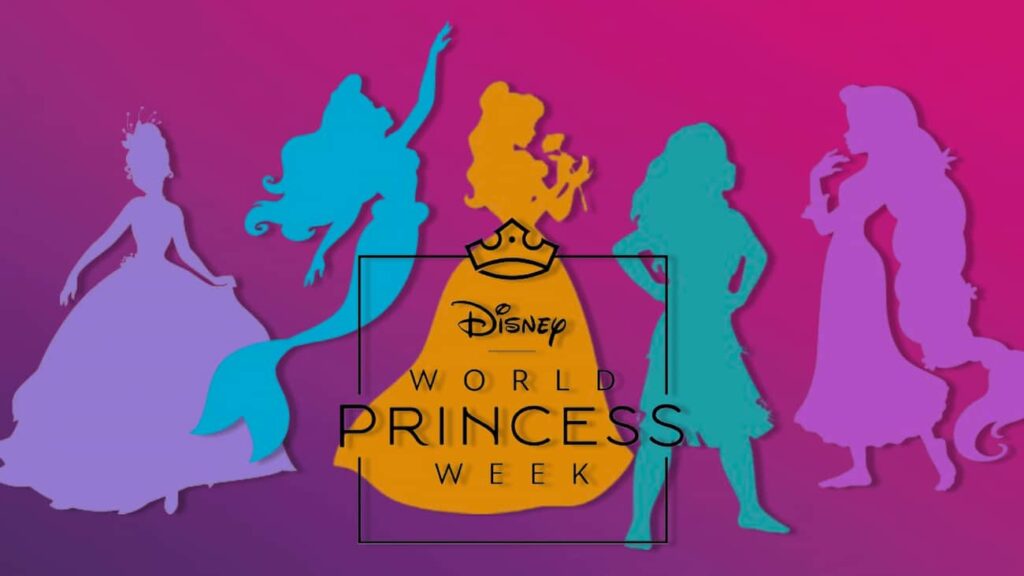 imagem promocional da semana mundial das princesas, que tem as silhuetas das princesas Tiana, Ariel, Bela, Moana e Rapunzel