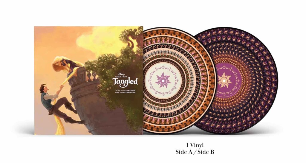 imagem de dois discos de vinil, artisticamente decorados do filme Enrolados, que conta a história da princesa Rapunzel