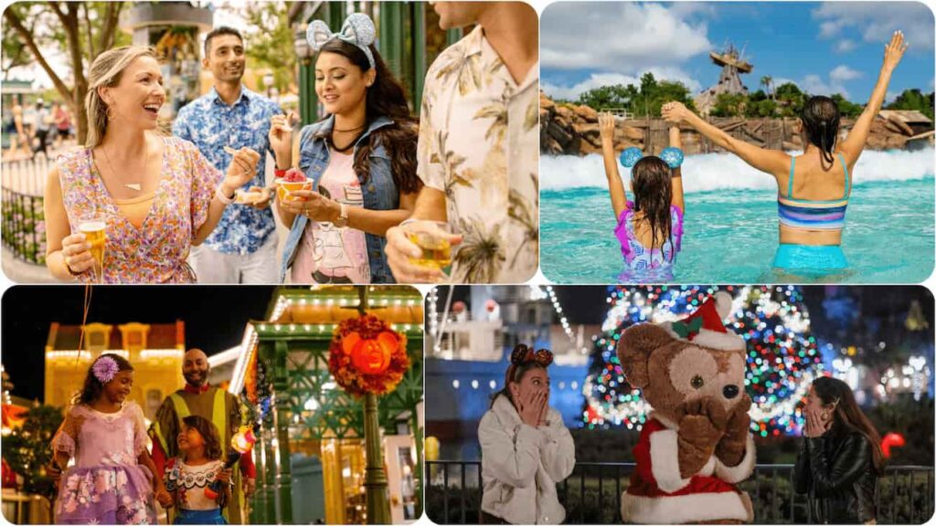 Imagem montagem com 4 fotos de famílias curtindo os parques de Walt Disney World Resort em Orlando em 4 épocas diferentes do ano, festivais, verão, outono com Halloween e inverno com Natal