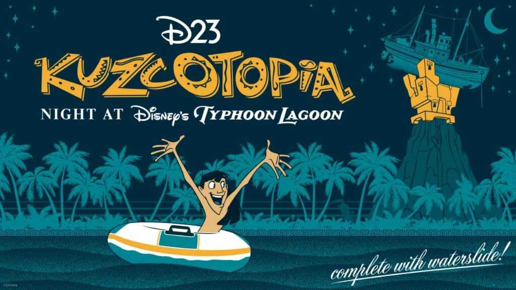arte de divulgação do evento especial Kuzcotopia, que ocorrerá especialmente para membros gold da D23 durante o evento Destination D e será no parque Typhoon Lagoon, representado no desenho pelo barco Tilly's ao fundo, preso no alto, após o tufão, e temos também Kuzco em uma bóia, curtindo a festa, com os braços para cima e bem feliz