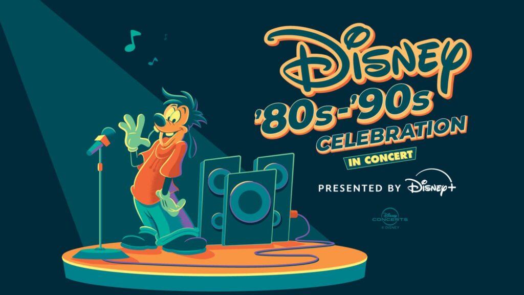 arte de divulgação da Disney's 80's 90's Celebration in Concert que é um evento que acontecerá no Destination D em 2025 em Disney's Coronado Springs. É possível ver Max, filho do Pateta com um microfone e algumas caixas de som atrás