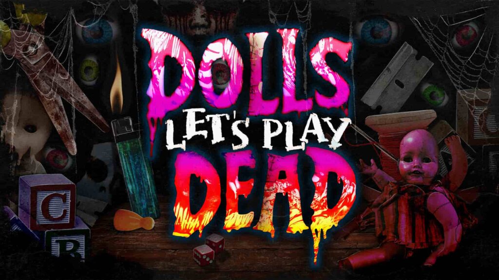 arte de divulgação da casa de horror Dolls Let's Play Dead, com uma boneca de corpo desfigurado, diversos braços e cercada de tesouras, olhos, blocos de montar e brinquedos duvidosos no Halloween Horror Nights da Universal Orlando 2025