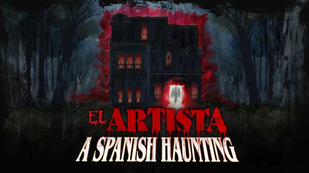 arte promocional da casa do terror El Artista: A Spanish Haunting que mostra um lugar escuro cercado de árvores e ao meio uma grande casa escura, em chamas que claramente é assombrada no Halloween Horror Nights da Universal Orlando 2025