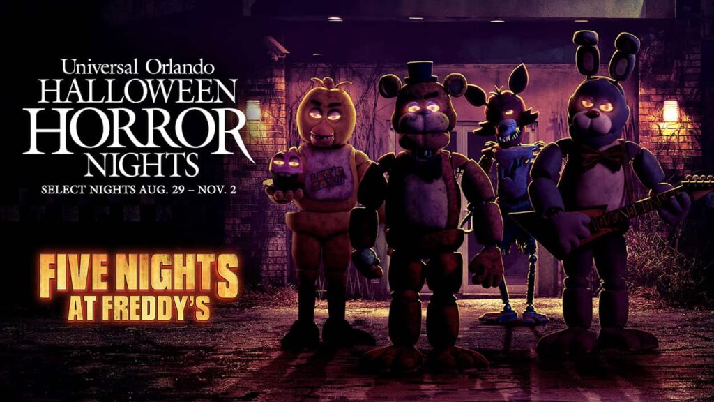arte de divulgação do Halloween Horror Nights da Universal Orlando 2025, Five Nights at Freddy's que mostra 4 ursos de pelúcia robôs possuídos