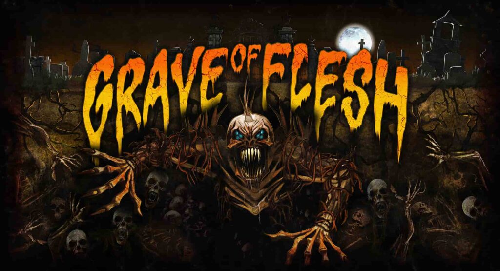 arte promocional da casa de terror Grave of Flesh que mostra um esqueleto assombrado saindo da cova, cercado de outras caveiras e tumulos em um cemitério no Halloween Horror Nights da Universal Orlando 2025