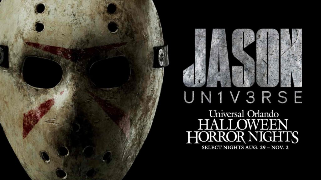 arte de divulgação do Halloween Horror Nights da Universal Orlando 2025, casa de terror Jason Universe com a clássica máscara do Jason