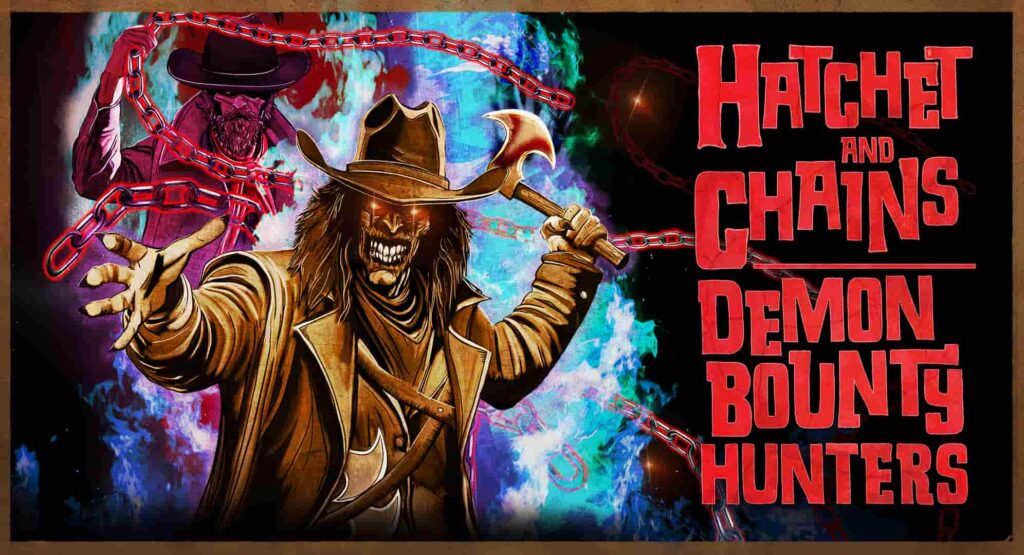 arte ilustrativa da casa do terror Hatchet and Chains: Demon Bounty Hunters que tem um homem barbudo lançando com uma corrente mas ao fundo, e um zumbi a frente com um machado nas mãos no Halloween Horror Nights da Universal Orlando 2025