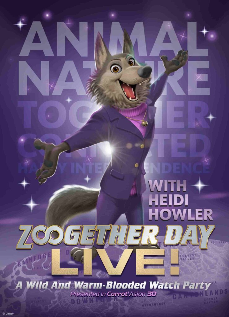 Arte de divulgação do personagem Heidi Howler, lobo do filme Zootopia, que está de braços abertos e com um sorriso enorme no rosto em um poster escrito Zoogether Day Live fazendo referência a nova atração do Animal Kingdom Zootopia Better Zoogether