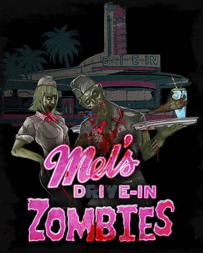 arte ilustrativa da experiência de rua Mel's Drive In Zoombies no Halloween Horror Nights da Universal Orlando 2025