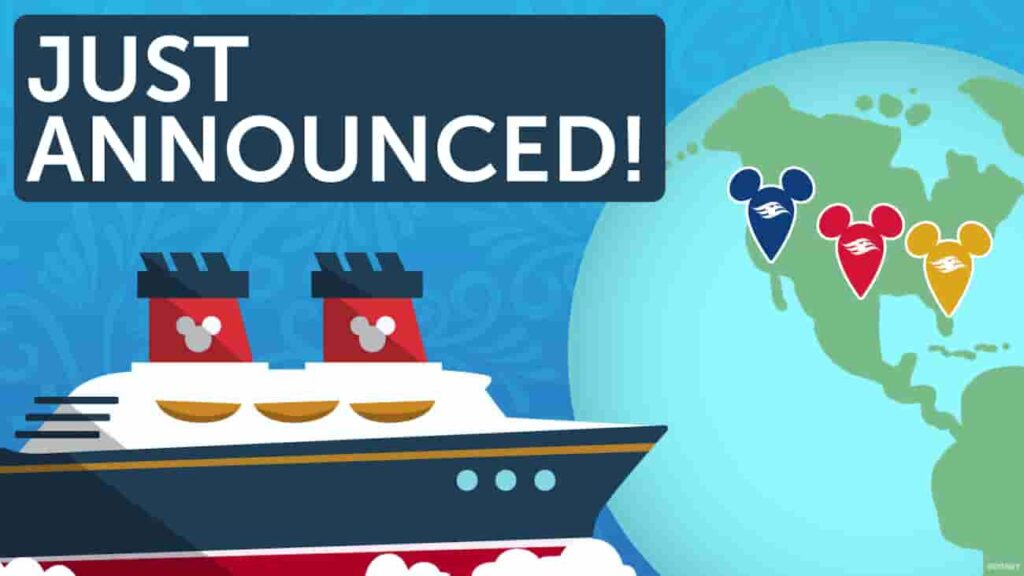 imagem promocional de novos destinos da Disney Cruise Line no Texas e na Califórnia que possui um desenho do navio da Disney próximo ao globo terrestre com pins em formato de Mickey revelando os novos destinos
