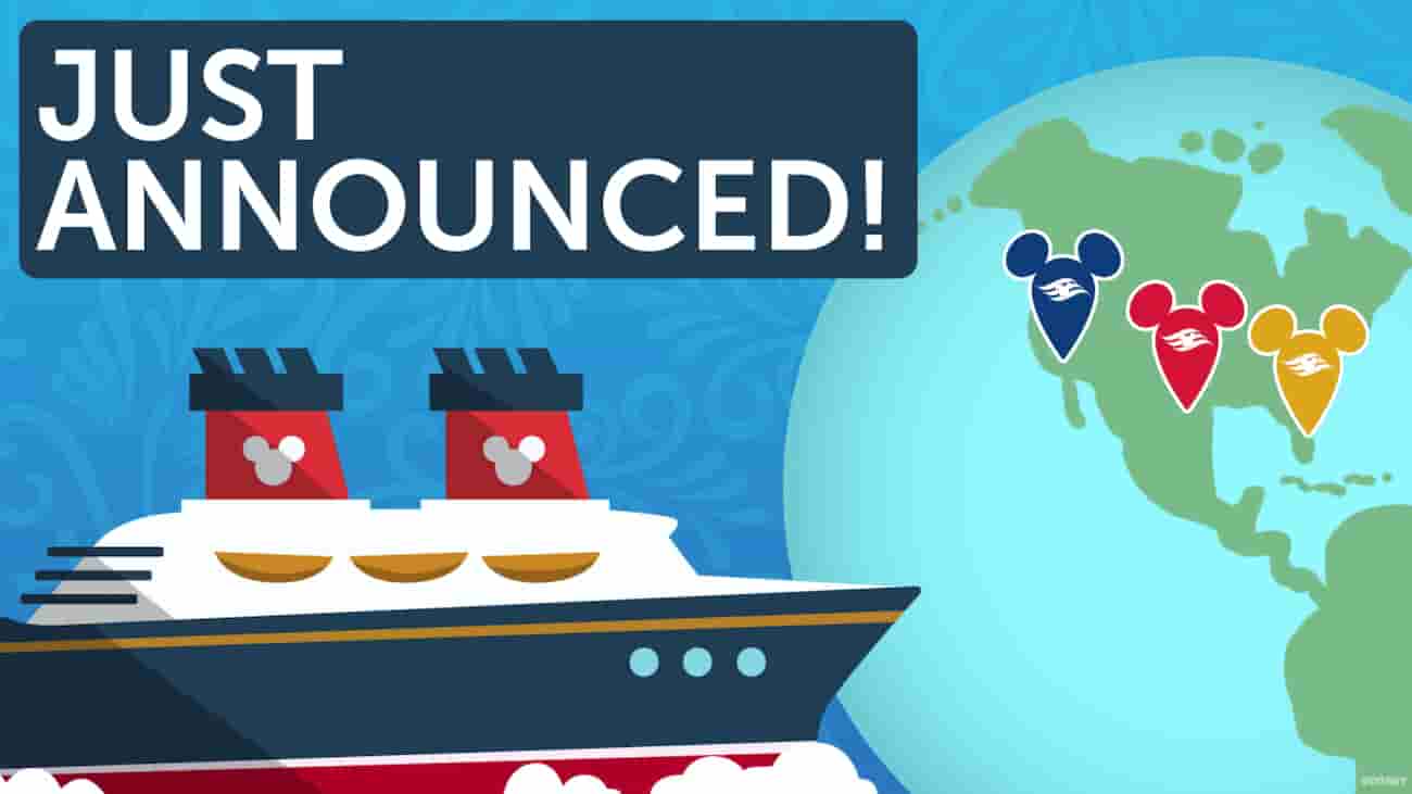 imagem promocional de novos destinos da Disney Cruise Line no Texas e na Califórnia que possui um desenho do navio da Disney próximo ao globo terrestre com pins em formato de Mickey revelando os novos destinos
