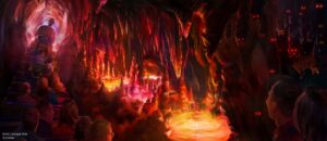 Arte conceitual de como ficará a atração Big Thunder Mountain Railroad, montanha russa do Magic Kingdom na Disney World em Orlando, que mostra o carrinho de trem passando cheio de pessoas pela gruta da montanha