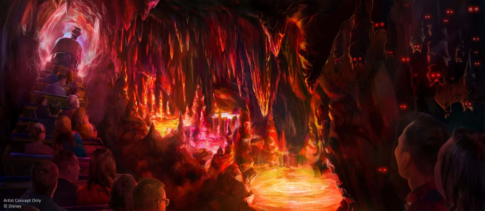 Arte conceitual de como ficará a atração Big Thunder Mountain Railroad, montanha russa do Magic Kingdom na Disney World em Orlando, que mostra o carrinho de trem passando cheio de pessoas pela gruta da montanha