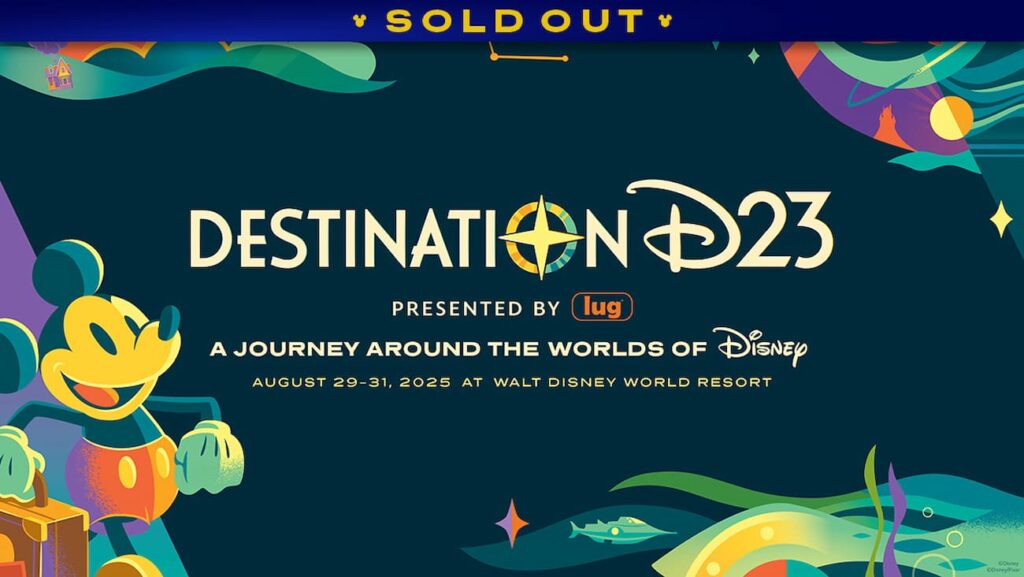 arte de apresentação do evento Destination D que acontece em Orlando em Agosto de 2025. É possível ver o Mickey andando com uma mala na sua mão e o "o" da palavra destination é representado por uma bússola