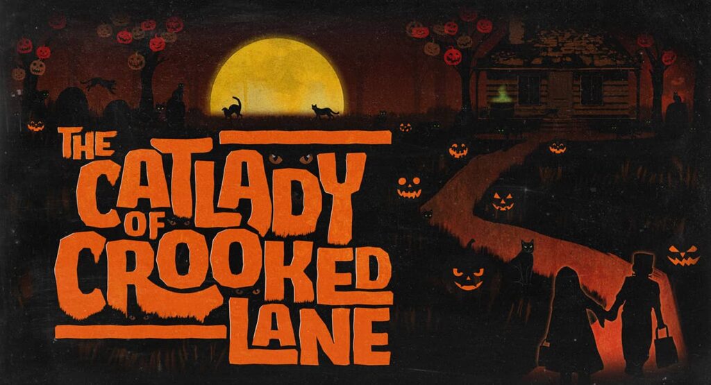 arte ilustrativa da zona de susto The Cat Lady of Crooked Lane no Halloween Horror Nights da Universal Orlando 2025