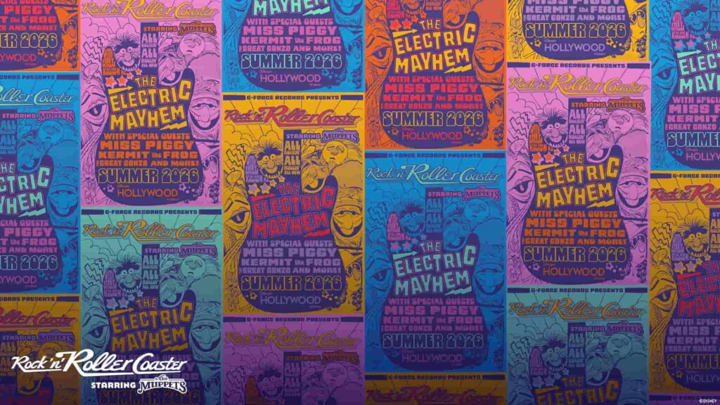 posteres musicais dos Muppets para nova repaginação da atração Rock'n'Roller Coaster do parque de diversões da Disney, Hollywood Studios