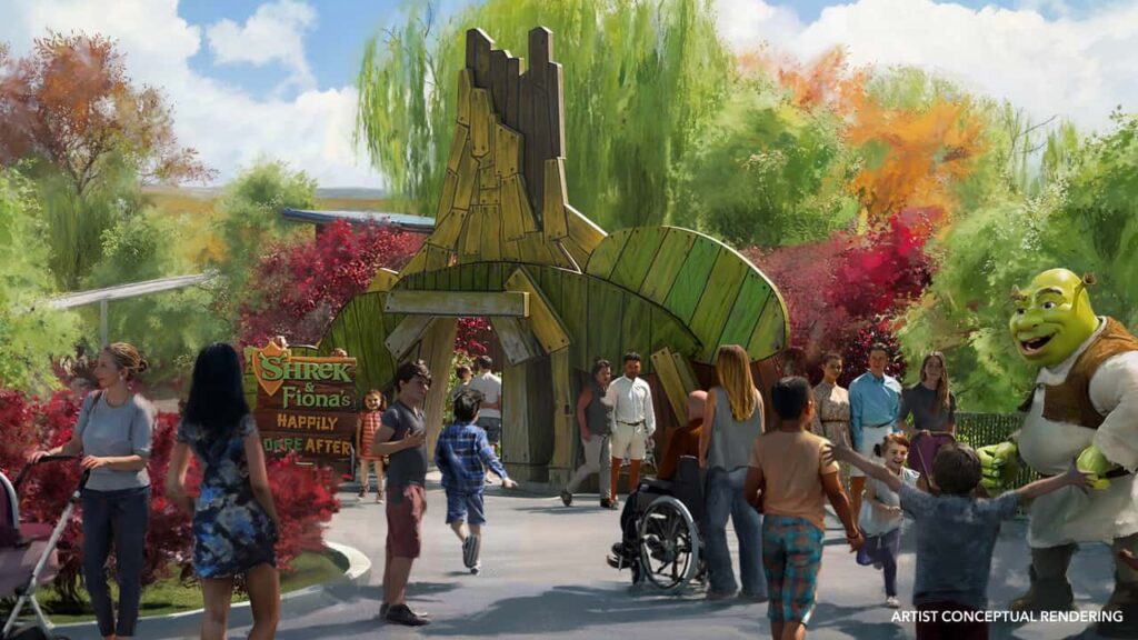 Arte conceitual do pântano do Shrek no novo parque infantil da Universal no Texas