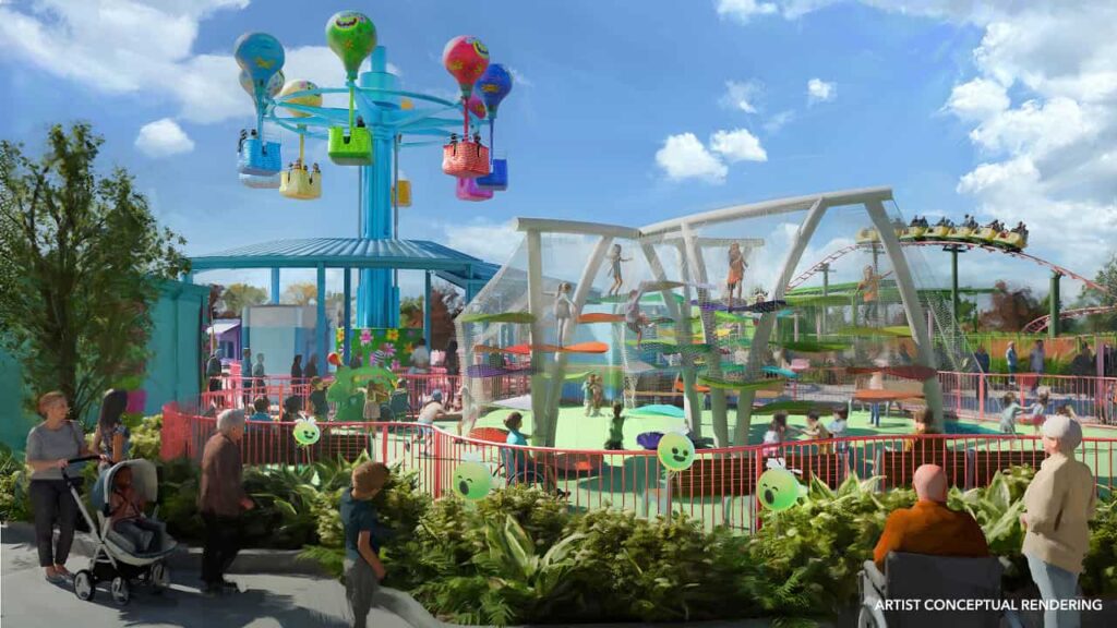 Imagem de como será o futuro parque infantil da Universal no Texas, onde é possível ver balões e playground de Trolls