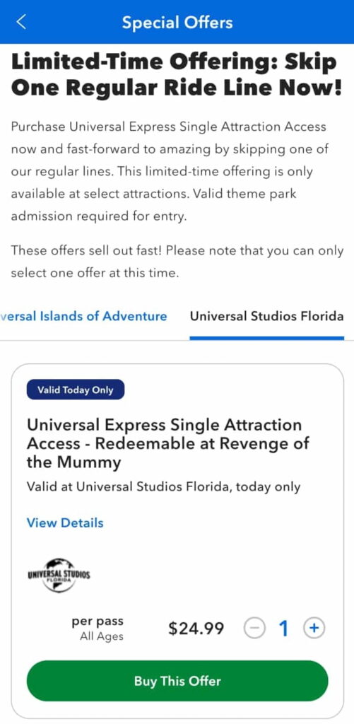 Print de tela do app da Universal Orlando com oferta de venda de fura filas individual para a montanha russa da múmia