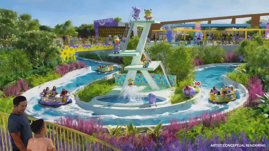 Imagem de arte conceitual de como será a atração aquática dos Minions no novo parque da Universal Kids no Texas