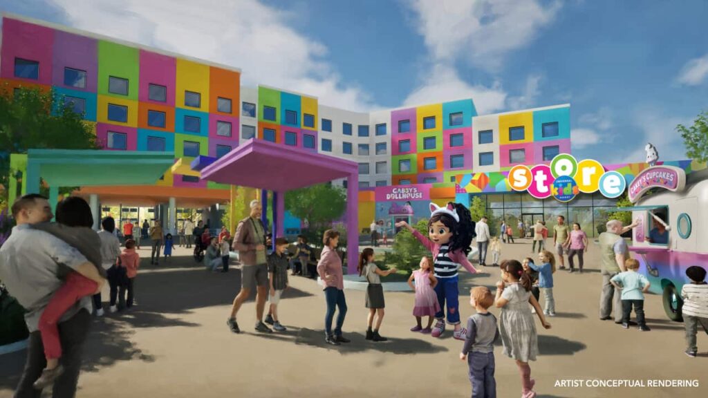 imagem de arte conceitual de como será a área Isle of Curiosity no novo parque infantil da Universal no Texas com Gabby's Dollhouse
