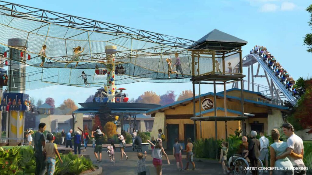 Arte conceitual de como será o futuro parque infantil da Universal Kids Texas que mostra um enorme playground na área do Jurassic World