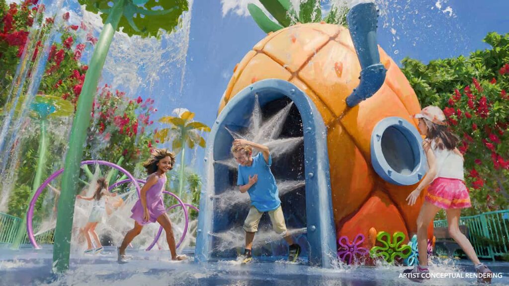 área da Nickelodeon com playground molhado do Bob Esponja no novo parque temático Universal Kids no Texas