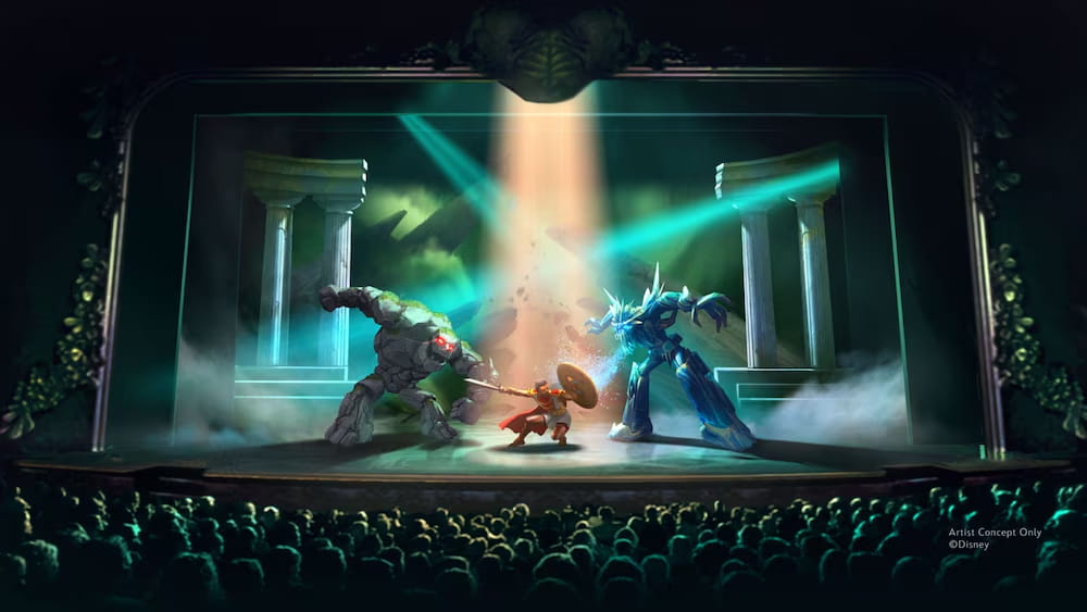 Arte conceitual de como será o show do Hercules que acontecerá no novo navio da Disney Cruise Line, Destiny. É possível ver Hércules em uma cena de luta com titãs