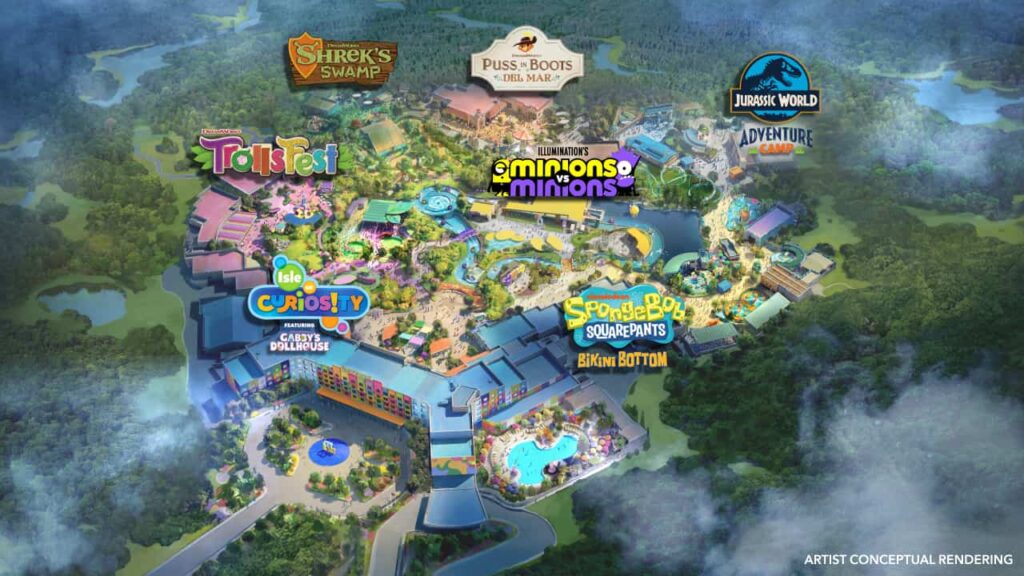 Imagem conceitual do mapa do novo parque temático da Universal no Texas, voltado para o público infantil