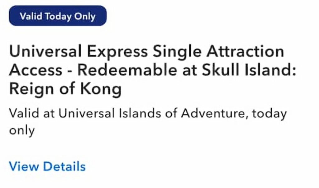 Print do app da Universal Orlando com oferta de venda do Express Individual em teste
