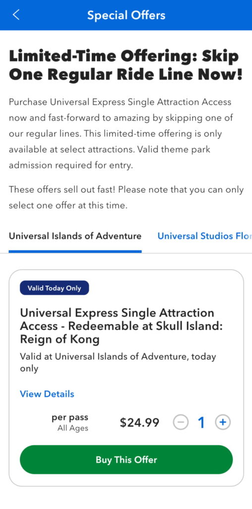 Print de tela do app da Universal Orlando com oferta de venda de fura filas individual para o simulador do kong