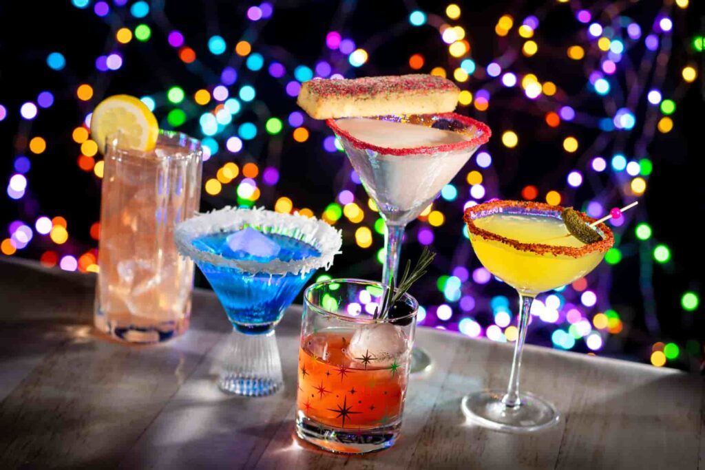 Bebidas do lounge parte da seleção gastronômica especial natalina da Festa Jollywood Nights que acontece anualmente em Walt Disney World Resort no parque temático Hollywood Studios