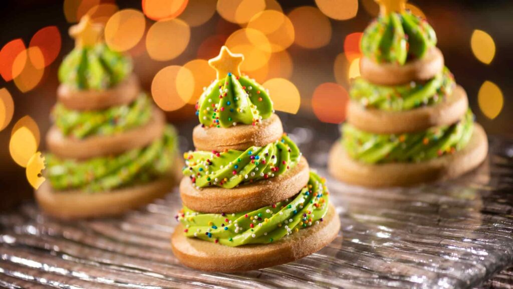 cookie de árvore de natal da seleção gastronômica especial que será servida na festa de natal do Hollywood Studios, o Jollywood Nights na Disney World