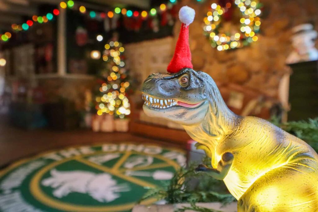 Cenário construído especialmente para receber o Papai Noel durante as festas de final de ano no parque temático Disney's Animal Kingdom, com detalhes de dinossauros