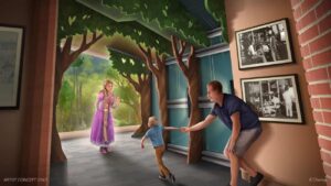 Arte conceitual do novo local para encontros dos visitantes com a Rapunzel no parque Disney's Hollywood Studios
