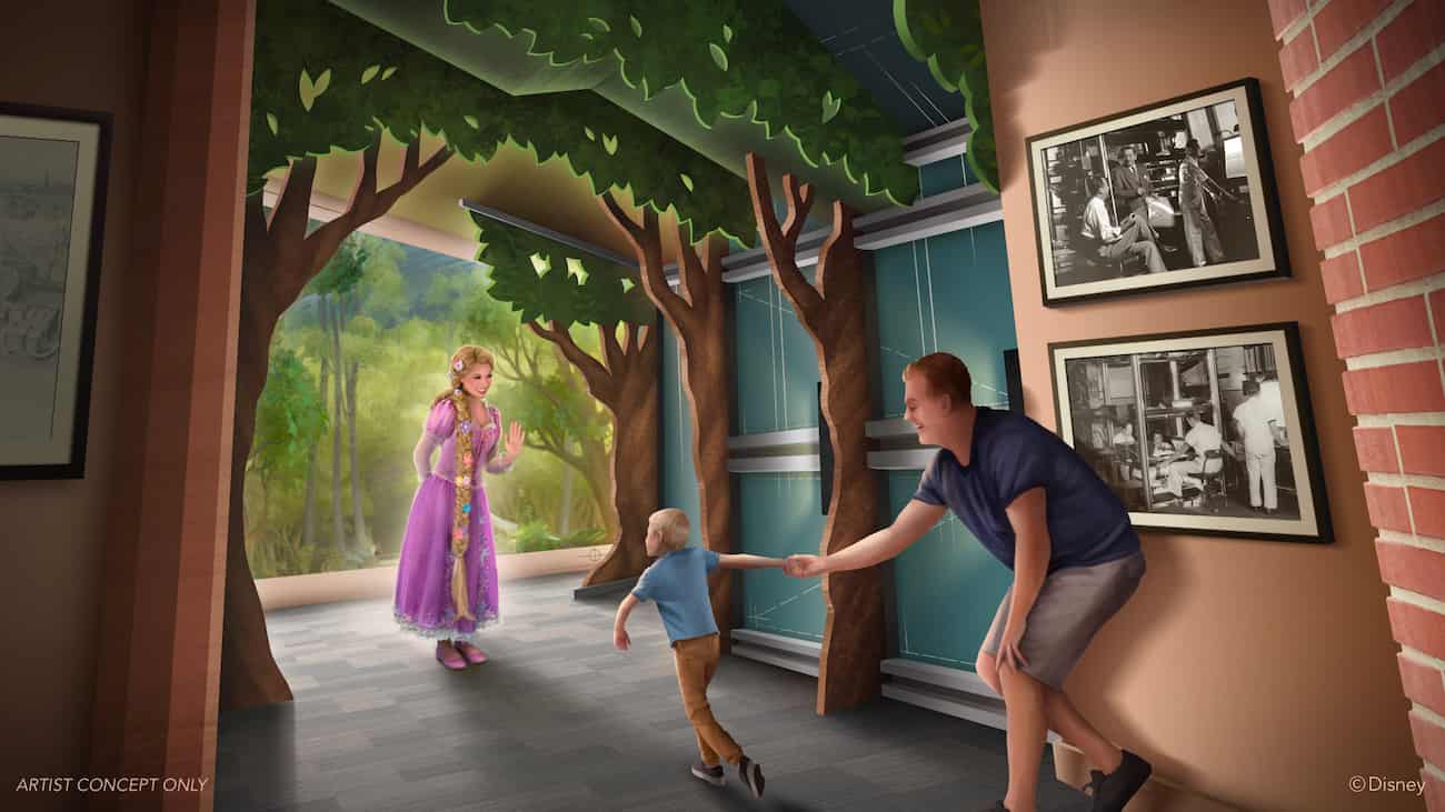 Arte conceitual do novo local para encontros dos visitantes com a Rapunzel no parque Disney's Hollywood Studios