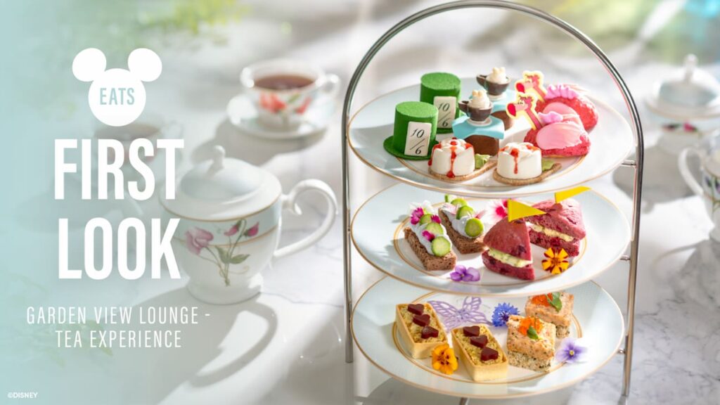 Bolinhos, cupcakes e aperitivos que serão servidos durante o Tea Room na Experiência de Chá inspirado em Alice no País das Maravilhas no Garden Wing dentro do Grand Floridian Resort, hotel de Walt Disney World