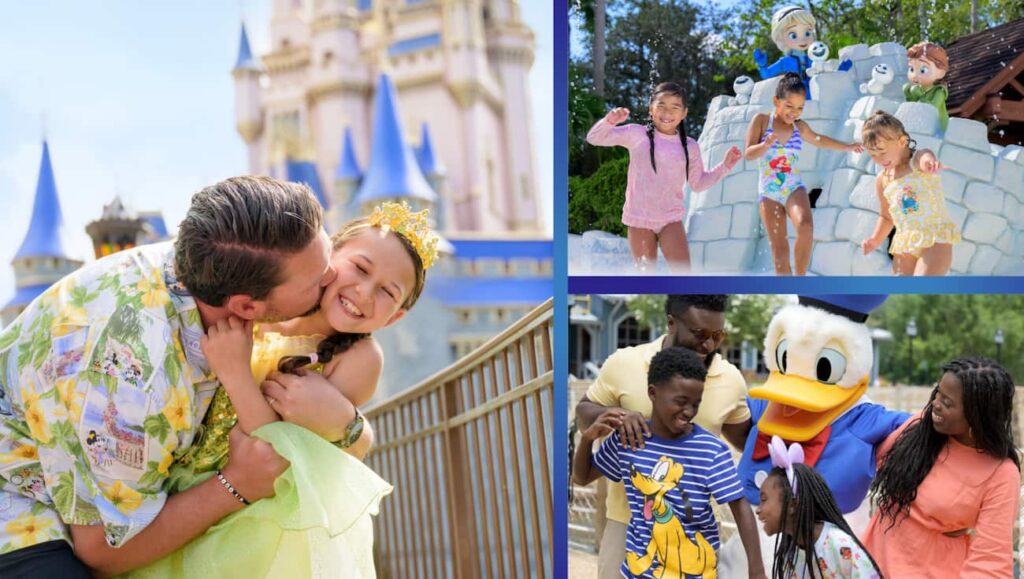 Imagem promocional de férias na Disney mostra pai beijando sua princesa na bochecha em frete ao castelo da Cinderela, crianças brincando no parque aquático, família se divertindo com pato Donald
