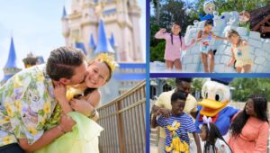 Imagem promocional de férias na Disney mostra pai beijando sua princesa na bochecha em frete ao castelo da Cinderela, crianças brincando no parque aquático, família se divertindo com pato Donald
